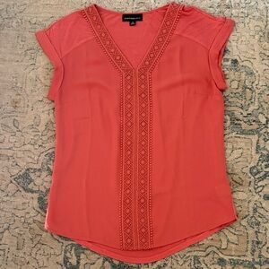 Fortune+Ivy Coral Embroidered V-Neck Blouse